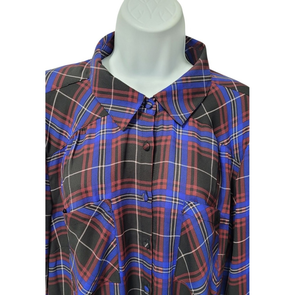 Torrid Madison Georgette Button-Up Shirt 1X Blue Plaid Long Sleeve Blouse